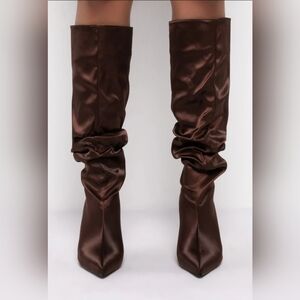 AZALEA WANG Chocolate Brown Nylon Tall Slouchy Knee High Stiletto Boots, NIB